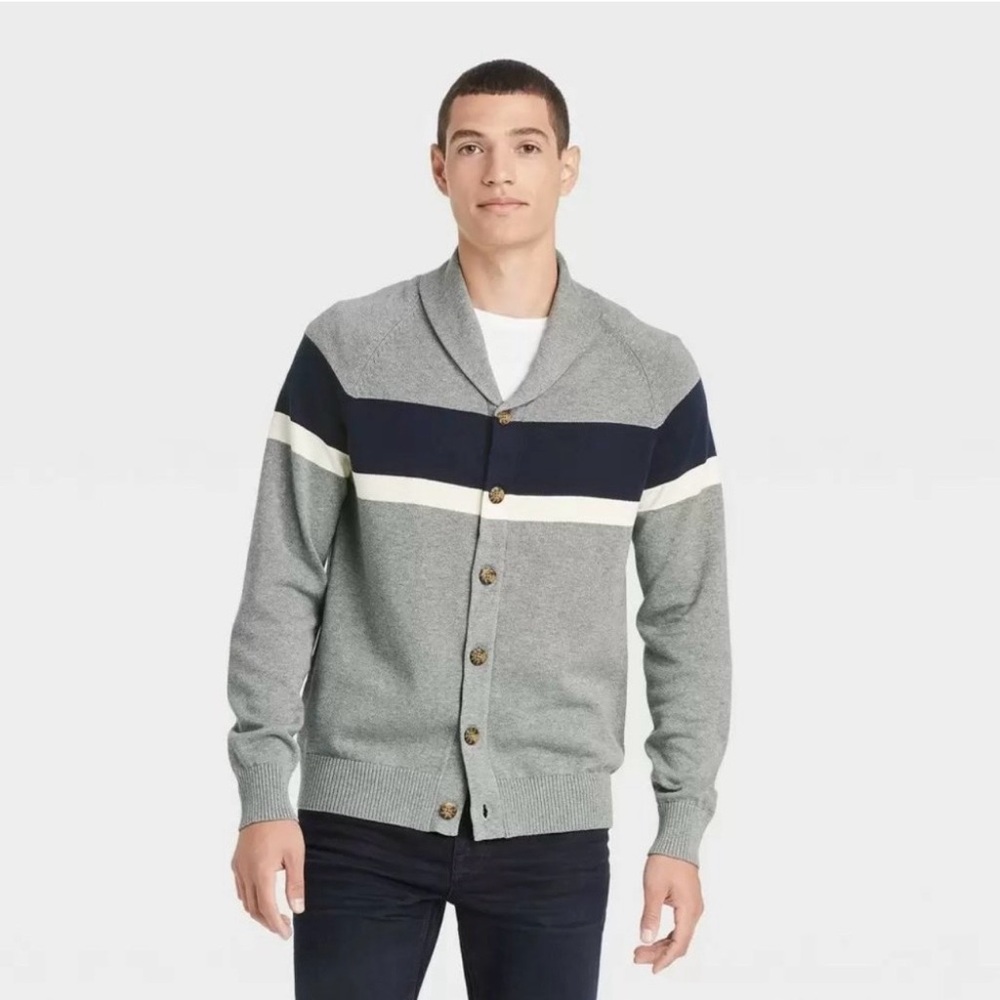 Goodfellow & Co NEW! Gray and Navy Button Up Cardigan Sweater, Size XXL